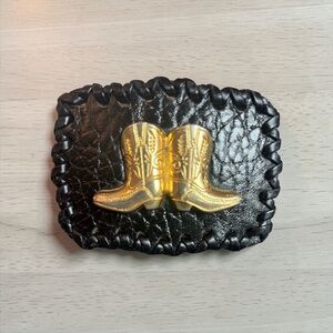 VINTAGE WESTERN BLACK LEATHER BELT BUCKLE GOLD TONE COWBOY BOOTS